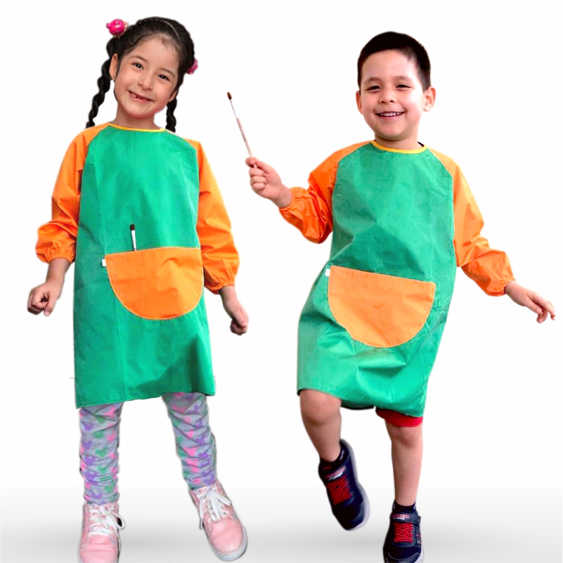 Mandil de arte con mangas verde, para niños 3-5 años | Impermeable, fácil limpieza.
