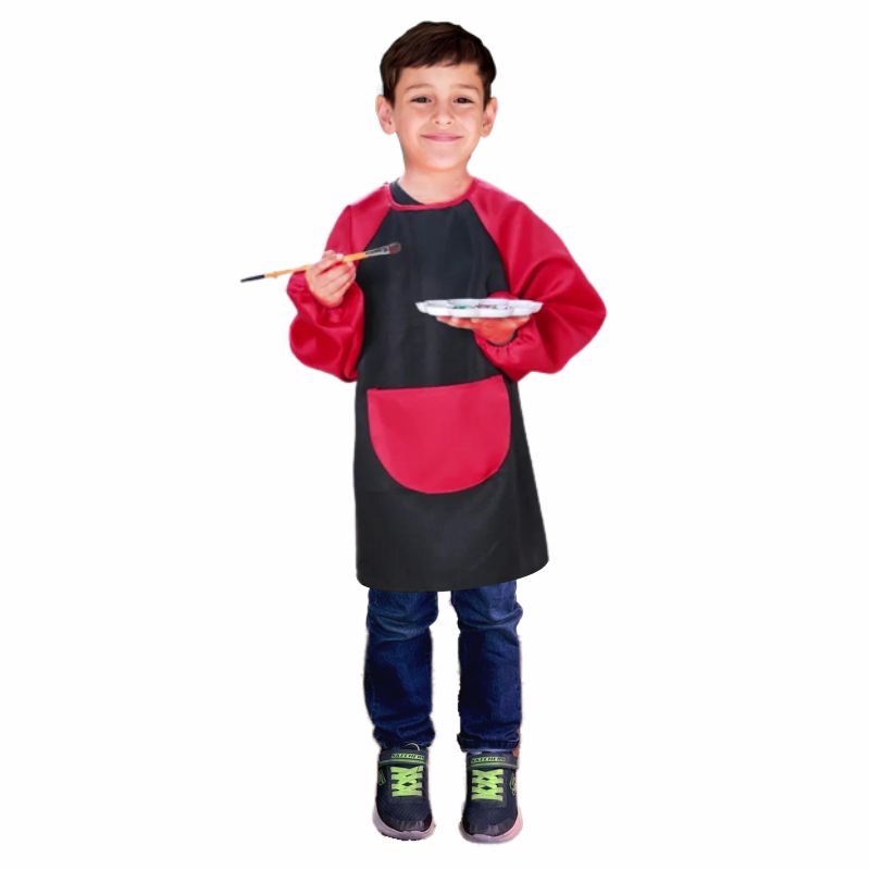 Mandil de arte con mangas negro, para niños 3-9 años | Impermeable, fácil limpieza.